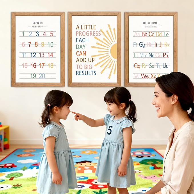 3 PCS Alphabet Numbers Framed Playroom Wall Decor,Classroom Must Haves,A Little Progress Each Day Boho Educational ABC Poster Wooden Sign for Baby Girl Kid Boy Toddlers,Neutral Preschool English Letters Nursery Decor for Homeschool Kindergarten Kids Le...