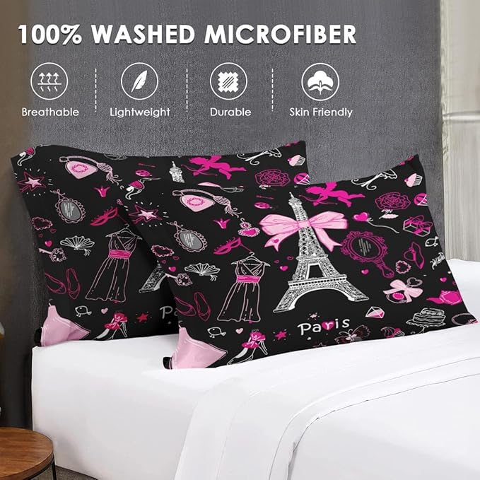 7 Pcs Queen Size Comforter Set with 2 Pillowcases & 2 Shams, Paris Eiffel Tower Bedding for Kids and Adults, Cute Pink Makeup Fashion Dress Bed in a Bag with Flat Fitted Sheet