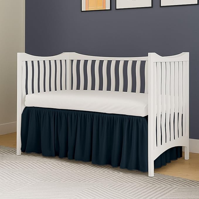 Crib Bed Skirt Dust Ruffle with Split Corners, 100% Cotton, Navy Blue Nursery Crib Skirt for Baby Boys or Girls, 28x52, 14" Drop, Toddler Bed Skirt, Baby Bedding, Crib Sheet Skirt, Soft & Breathable