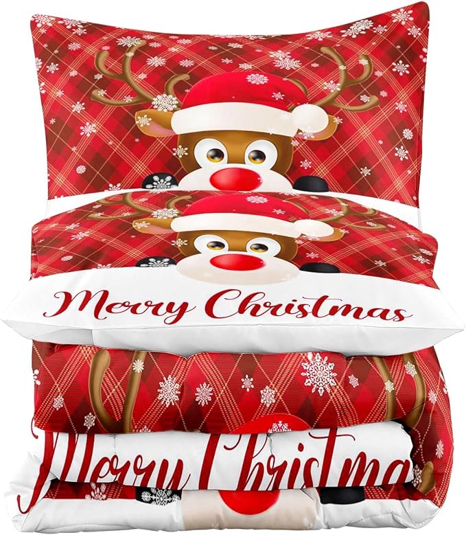 LUVIVIHOME 2PCS Merry Christmas Comforter Set Twin Size, Snowflake Cartoon Funny Cute Elk Deer Bedding, Xmas Christmas Bedroom Decor, Soft Microfiber White Red Quilt, 1 Pillow Sham