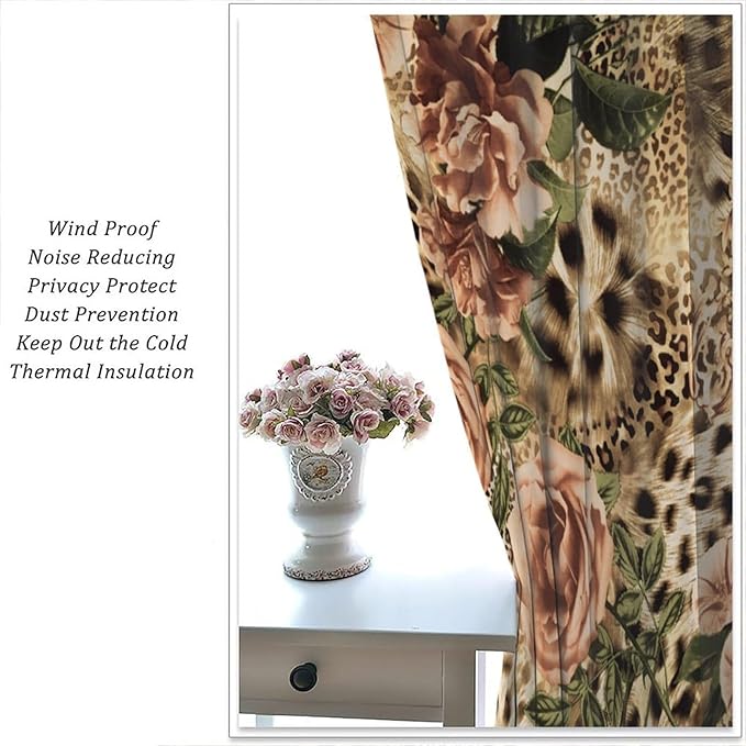 Leopard Floral Blackout Curtains, Cute Boho Floral Cheetah Animal Pattern Safari Natural Theme Window Treatments for Bedroom Living Room 52" W X 84" L