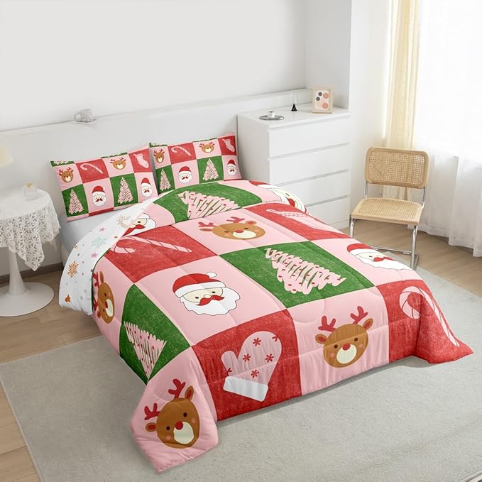 Feelyou Merry Christmas Bedding Set Soft for Boys Girls, Xmas Tree Santa Claus Comforter Set Toddler Size Candy Cane Deer Duvet Quilt Microfiber Patchwork Bedroom Decor 2 Pcs with 1 Pillow Cases