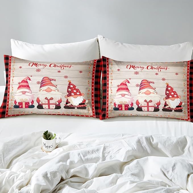 Christmas Gnomes Duvet Cover Set Full Size, Rustic Wooden and Red Plaid Xmas Comforter Cover with 2 Pillowcases, New Year Theme Bedding Set for Kids Boy Girls Lightweight Bedspread Cover,No Comforter