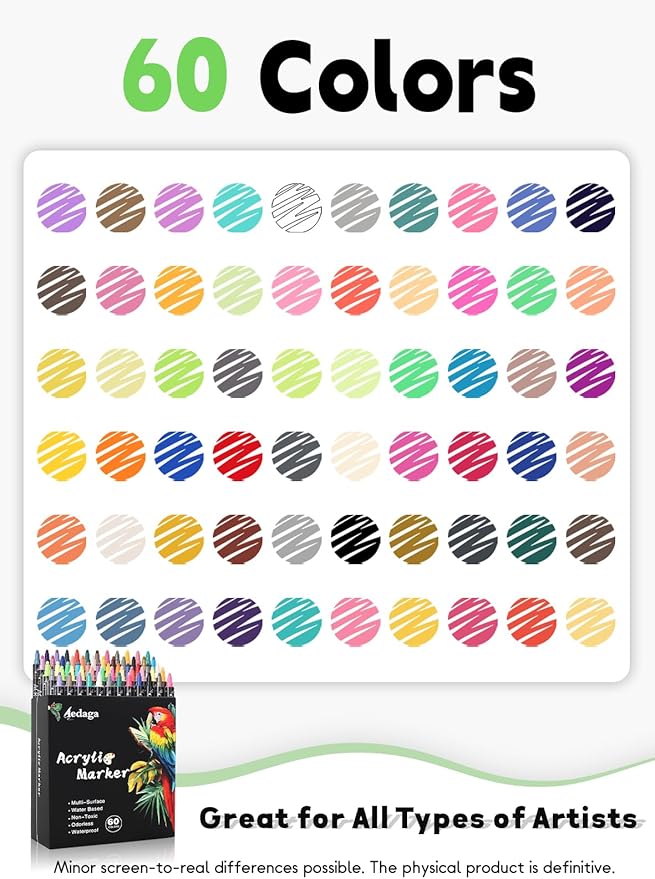 60 Colors Acrylic Paint Pens,Acrylic Paint Markers Dual Tip with Fine Tip and Dot Tip,Dot Marker for Kids Adults, Glass, Stone, Wood, Canvas, Paper, Pottery