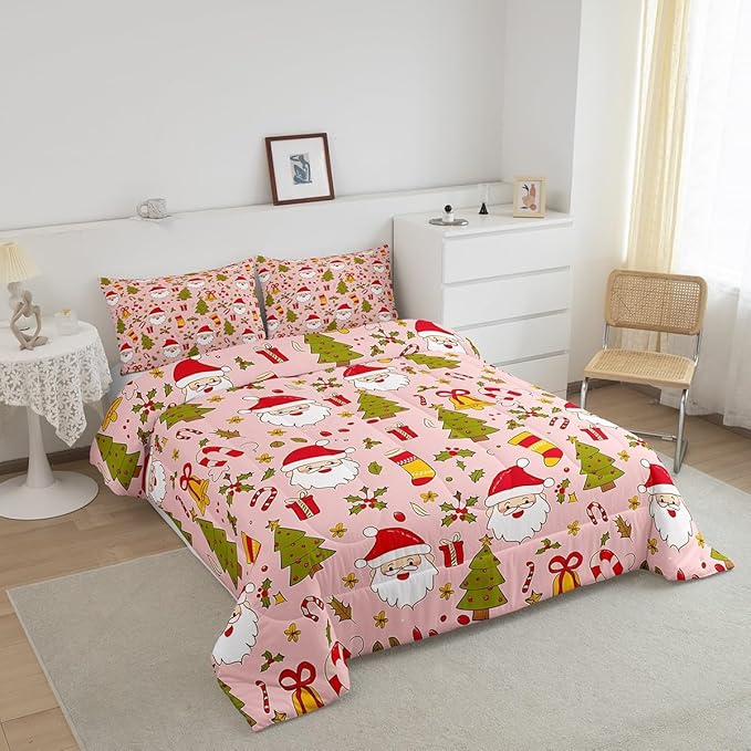 Feelyou Christmas Bedding Set for Kids Boys Girls Full Size Cute Santa Claus Comforter Set Ultra Soft Comforter Xmas Tree Duvet Quilt Bedroom Decor Berries Pattern Printed Quilt