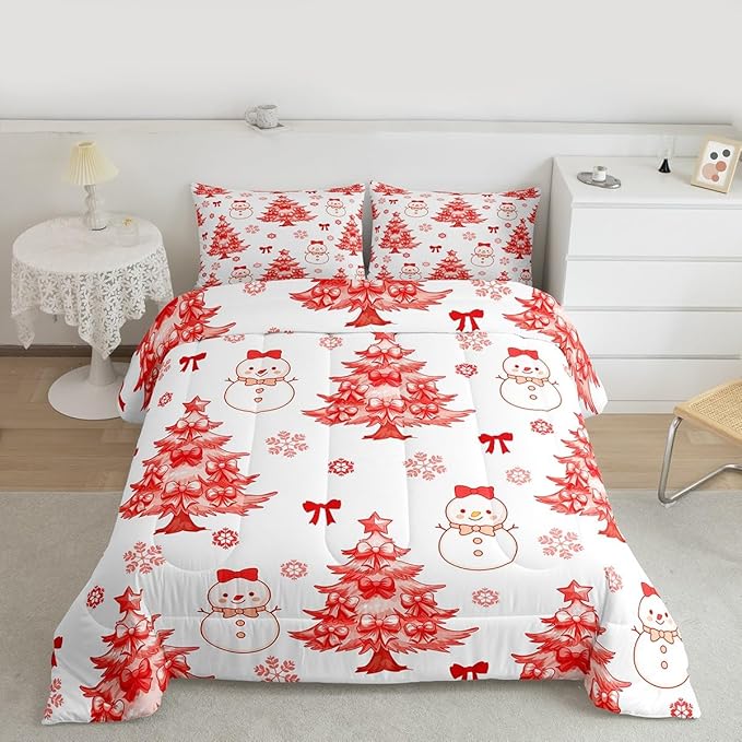 Feelyou Merry Christmas Comforter Set Queen Size Cute Snowman Bedding Set for Kids Boys Girls Cartoon Bowknot Duvet Quilt Christmas Tree Microfiber 3 Pcs with 2 Pillow Cases