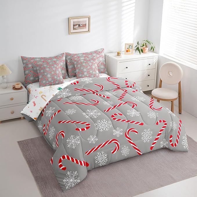 Erosebridal Xmas Candy Cane Full Bedding Set 7 Piece,Merry Christmas Bed in A Bag for Kids Boys Girls,Winter Snowflake Comforter Set Grey Christmas Ornaments Sheet Set with Comforter