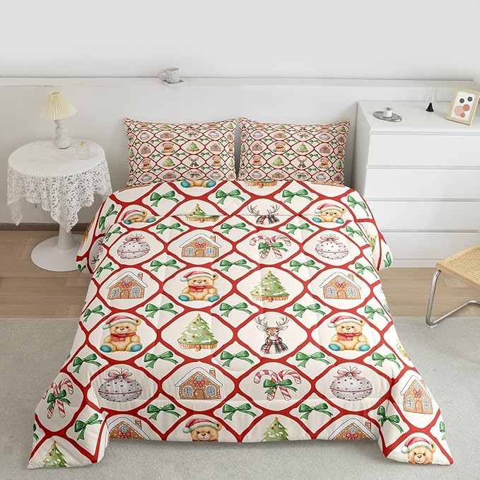 Merry Christmas Kids Bedding Set King Size,Kawaii Bowknot Cartoon Xmas Bear Comforter Set,Pine Tree Geometric Lattice Quilt Comforter,Beige Red Green Bedroom Duvet Insert,2 Pillowcases