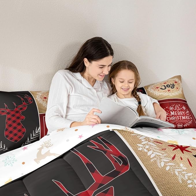 Deer Antler Kids Christmas Comforter Set Queen Size,Elk Plam Leaves Bedding,Girls Boys Adults Bedroom/Xmas Cabin Decor,Plank Lattice Vintage Down Comforter,Rustic Farmhouse Duvet Insert,2 Pillowcases