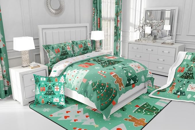 Feelyou Christmas Bedding Set Soft for Boys Girls, Xmas Tree Snowflake Comforter Set Twin Size Gingerbread Man Duvet Quilt Microfiber New Year Gift Bedroom Decor 2 Pcs with 1 Pillow Cases