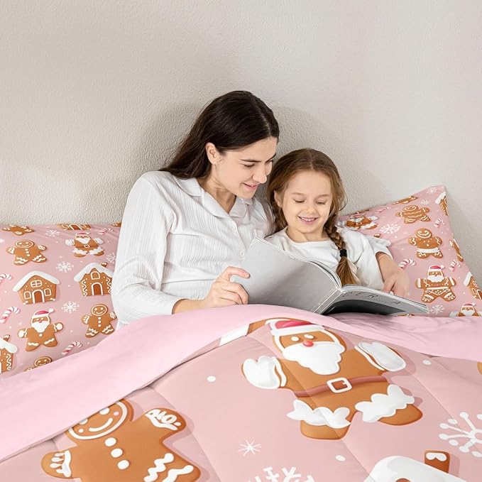 Feelyou Christmas Comforter Set All Season Gingerbread Man Bedding Set with 2 Pillow Cases Santa Microfiber Kids King Bedclothes Snowflake Bedroom Decor Duvet Quilt Breathable Soft Lightweight