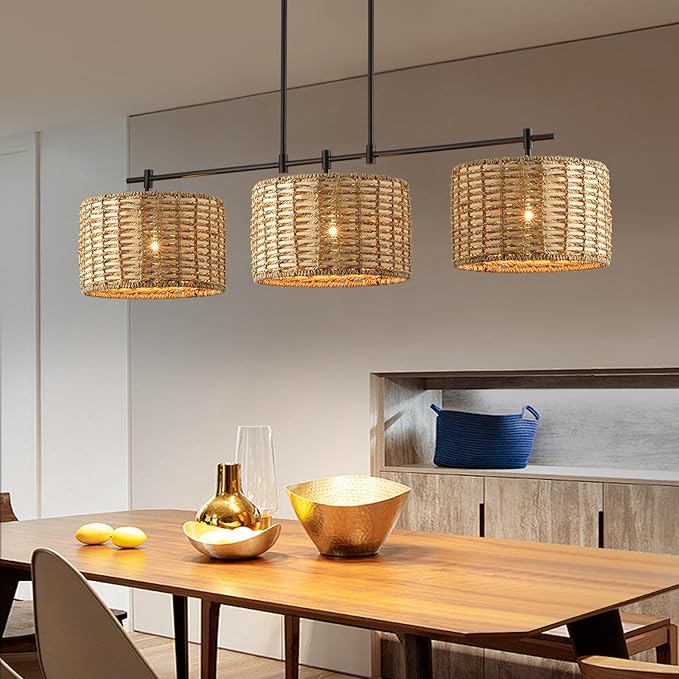 41" Chandelier Woven Rattan Light Fixture with 3 Wicker Lampshades, Large Linear Boho Chandeliers Drum Pendant Lights Kitchen Island