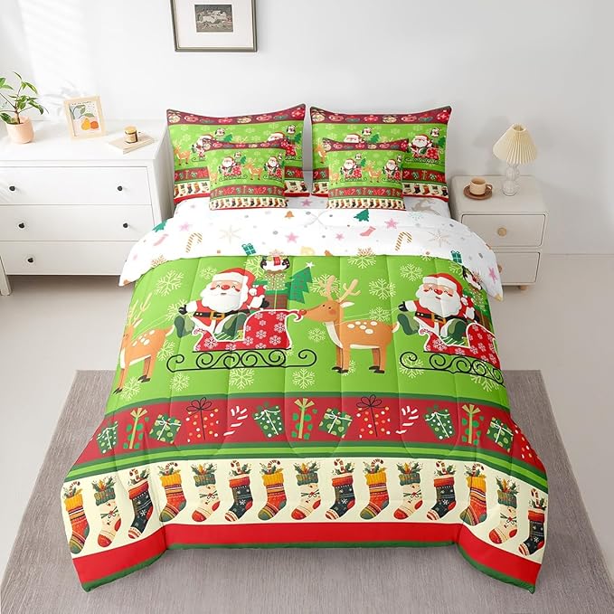 Feelyou Christmas Santa Claus Deer Bedding Set Cartoon Stockings Bedding Set for Kids Boys Girls Teens Decor Christmas Snowflake Bed in a Bag Kawaii Bed Set 7Pcs King Size