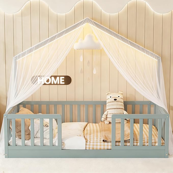 Twin Size House Bed for Kids, Low Profile Montessori Bed Twin with High Railings, Wood House Shape Montessori Beds with Light & Roof for Kids, Gray