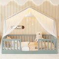 Full Size House Bed for Kids, Low Profile Full Montessori Bed with High Railings, Wood House Shape Montessori Beds with Light & Roof for Kids, Gray