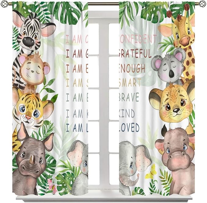 Cartoon Safari Animal Curtains Cute Watercolor Wildlife Jungle Window Treatments for Kids Boys Girls Bedroom Living Room Inspirational Motivational Quotes Nursery Children Drapes W42xL63"(Decor)
