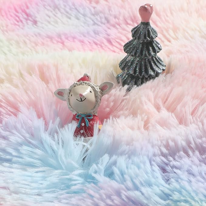 Amdrebio Rainbow Fluffy Round Rug 5Ft Kids Rugs for Girls Bedroom, Unicorn Room Decor, Colorful Pastel Shag Carpet for Playroom Baby Nursery, Cute Furry Kawaii Circle Area Rug for Toddler Princess
