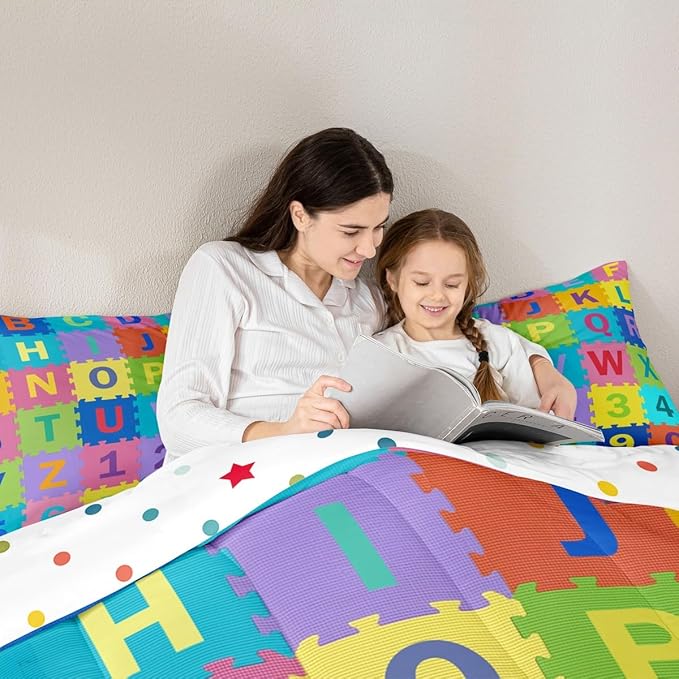 Feelyou Kids Puzzle Alphabet Numbers Comforter Set Full Size ABC Letters Bedding Set for Kids Boys Girls Educational Duvet Quilt English Learning Bedroom Decor Microfiber 3 Pcs with 2 Pillow Cases