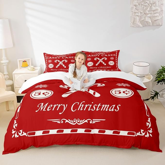 jejeloiu Christmas Bedding Set for Kids Boys Girls Christmas Quote Comforter Cover Set King Size Candy Canes Print Duvet Cover Bedroom Decor Xmas Red Bedspread Cover Bedding Collection 3Pcs