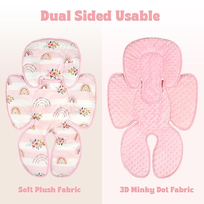 Pea Pod Infant Car Seat Insert 2-in-1 Baby Car Seat Head & Body Support for Newborn Preemie Carseat Stroller Cushion Pad Headrest with Soft Minky Dot Fabric Backing, Rainbow & Floral