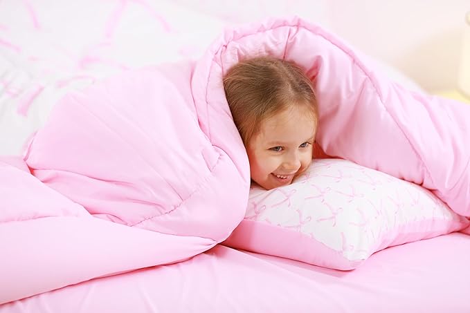 7 Pieces Cartoon Bowknot Kids Comforter Queen,Pink Bow Tie Butterfly Knot Princess Bedding Set,Watercolor Bow Patchwork Pink White（Comforter+Fitted+Flat Sheet+2 Pillowcases+2 Throw Pillow Covers）