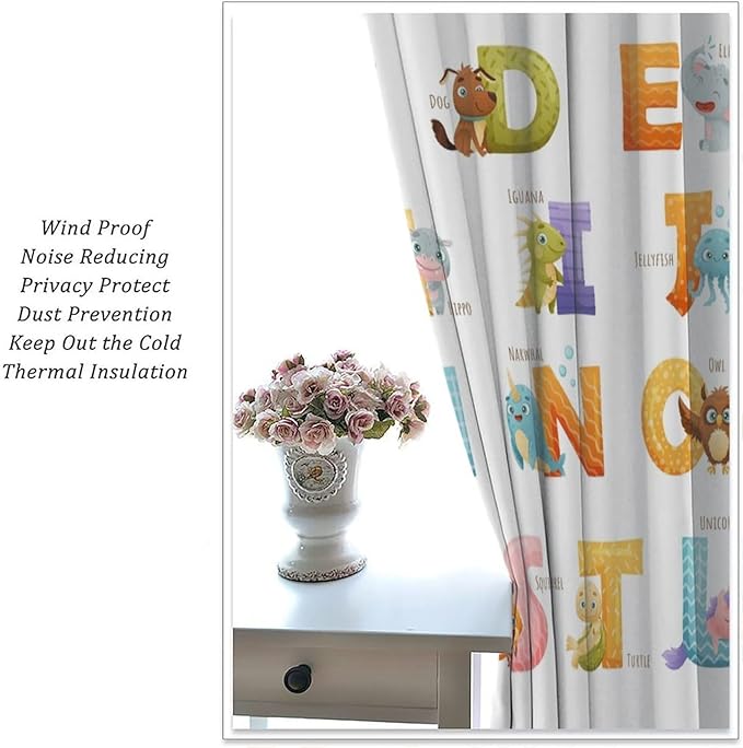 Kids Alphabet Curtains Educational Baby Cartoon Animals Colorful Cute Curtain with Rod Pocket for Nursery Living Room Home Decor Drapes Window Treatments 2 Panels Set 84x84in