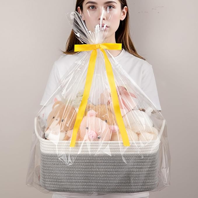 OIAHOMY Small Woven Rope Basket with Gift Bags and Ribbons, Gift Basket Empty for Baby Shower Birthday, Halloween, Christmas, Cute Cat Ear Handles for Shelf Living Room Bathroom,White