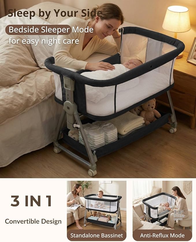 Baby Bassinet Bedside Sleeper, 3 in 1 Rocking Bassinet for Baby, Arms Reach Co Sleeper Bassinet with Wheels, Adjustable Height, Storage, Mattress & Canopy (Black)