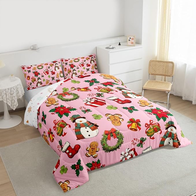 jejeloiu Merry Christmas Comforter Set Full Size Cute Snowman Bedding Set for Kids Boys Girls Gingerbread Man Duvet Quilt Pink Bedroom Decor