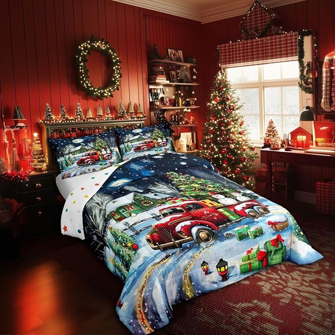 Rustic Farmhouse Xmas Comforter Set Twin Size,Retro Red Truck Snowman Bedding Set for Kids Boys Girls Room Decor,Snowflake Cabin Christmas Tree Quilt Set 2Pcs,Xmas Theme Duvet Insert,1 Pillowcase