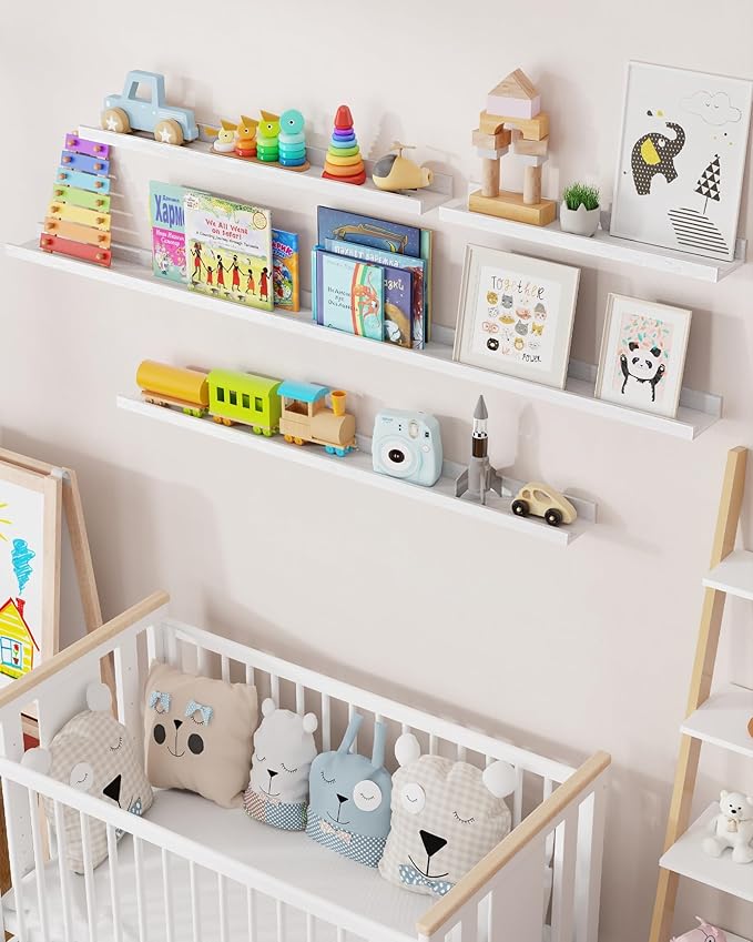 Axeman Oak Picture Ledge Shelf, 24 Inch Floating Shelves Set of 2, Solid Oak Wood Wall Shelves with Lip, Wall Decor Storage for Bedroom Living Room Bathroom Kitchen Nursery Photo Picture, White