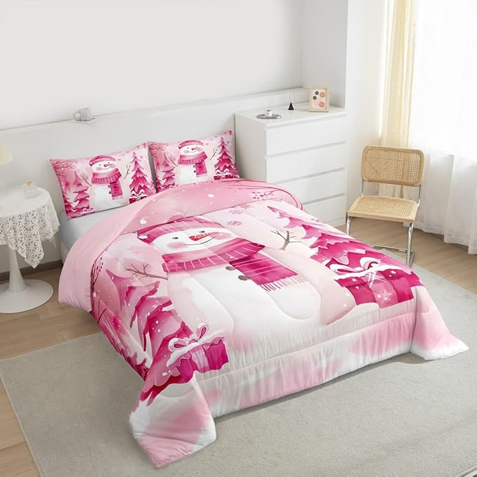 Feelyou Pink Christmas Comforter Set Twin Size Snowman Bedding Set for Kids Boys Girls Cute Snowflake Duvet Quilt Merry Christmas Tree and Snowman Bedroom Decor 2 Pcs with 1 Pillow Cases
