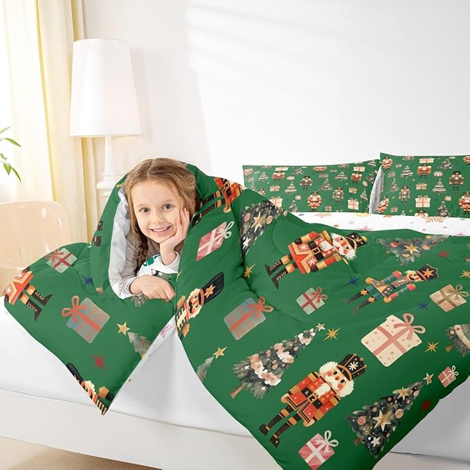 jejeloiu Xmas Nutcracker Comforter Set Toddler Size Christmas Green Bedding Set for Kids Boys Girls Cute Snowflakes Duvet Quilt Bedroom Decor