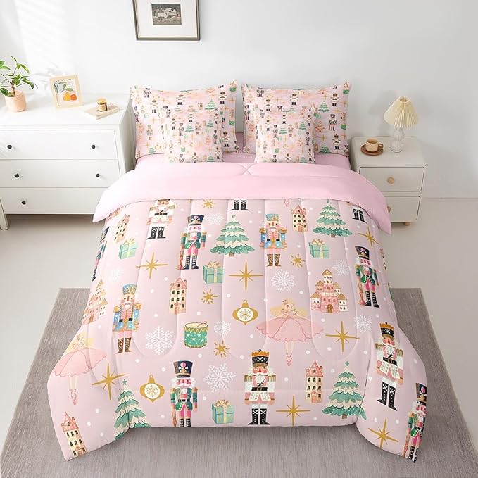 Erosebridal 7Pcs Pink Christmas Comforter Set Full Size,Christmas Nutcracker Bedding Set,Dreamy Castle Princess Bed in A Bag,Xmas Galaxy Snow Quilt with Flat Fitted Sheet for Kids Boys Girls