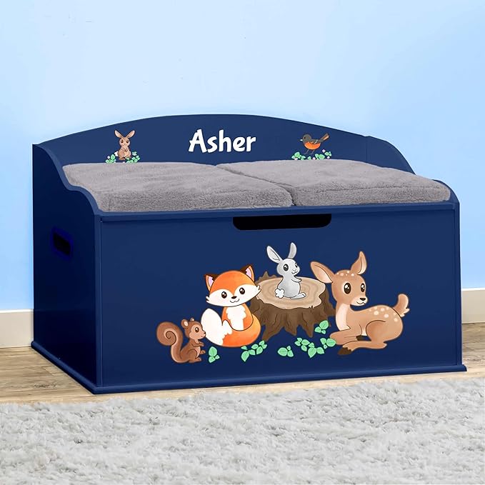 DIBSIES Personalized Creative Wonders Toy Box, Woodland Creatures, 30 x 19.25 x 18 inches, Soft-Close Lid (Blue)