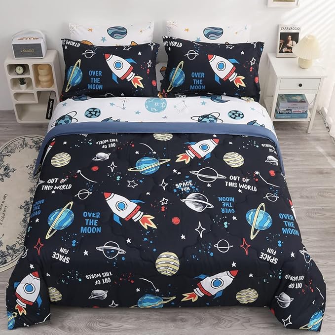 Wajade Kids Space Comforter Set Bed in A Bag Queen Size 7 Piece 3D Space Rocket Planets Bedding Set for Teens Boys Girls (1 Comforter, 1 Flat Sheet, 1 Fitted Sheet, 2 Pillowcase and 2 Pillow Sham)