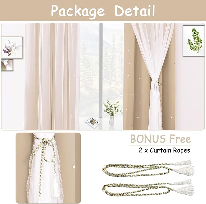 Kinryb Blackout Curtains for Girl Bedroom/Living Room/Classroom, Sheer Overlay Small 2 Panel Set, Double Layer Curtains with Star Cutout for Kids Room(W 52 x L 45 Inches,Beige 2 Pcs)