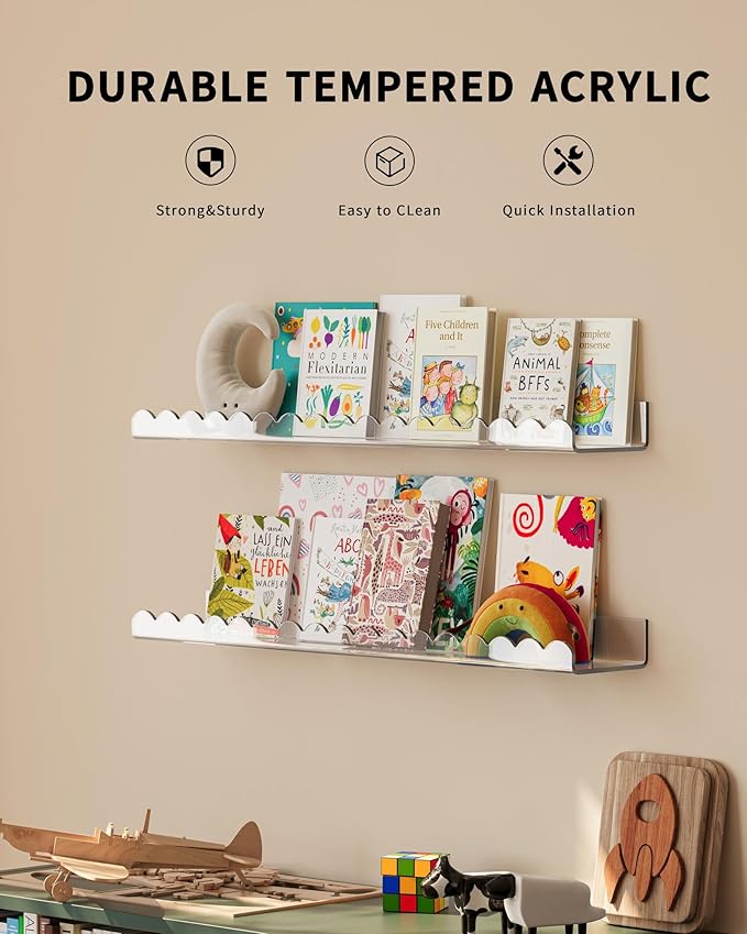 G&W Gruwald 4 Pack Clear 23 Inches Acrylic Book Shelf for Kids Room, Floating Kids Book Shelves for Wall, Nursery Book Shelves, Magazine Rack, Picture Ledge (Clear, 23)