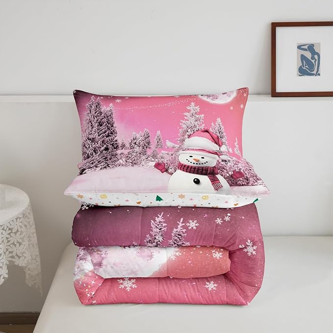 Feelyou Kids Merry Christmas Decorations Full Size Comforter Set Xmas Snowman Bedding Set Girly Pink Quilt Set Soft Warm Lightweight Duvet Set