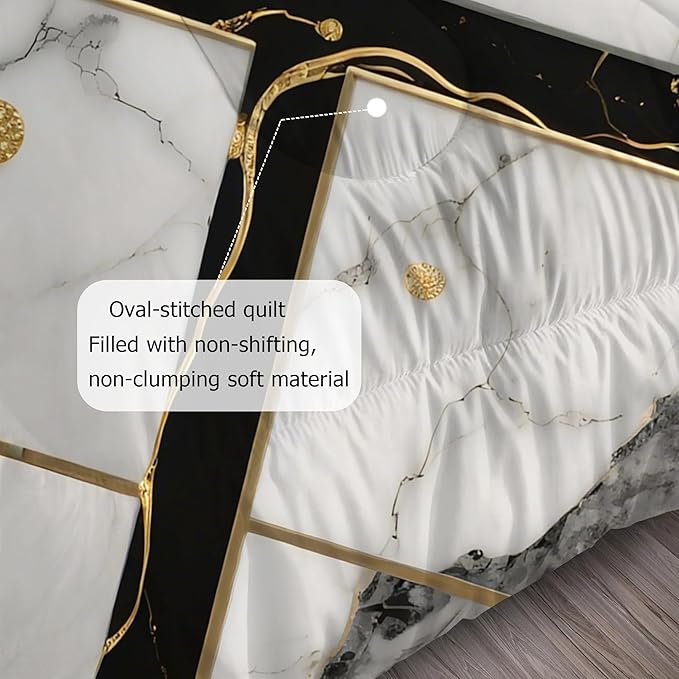 Black White and Gold Comforter: King Size Geometric Marble Bedding Sets Abstract Art Gold Lines Marbling Quilts for Teens Adults 3PC Soft Lightweight Bed Set for All Season