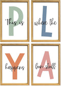 YWJKWLGS This Is Where The Fun Stuff Happens Kids Playroom Wall Decor 16"x11" Set of 4 Nursery Interesting Modren Wood Framed Let's Play Prints Sign for Boy Toddler Children Wall Hanging Art (Wood)