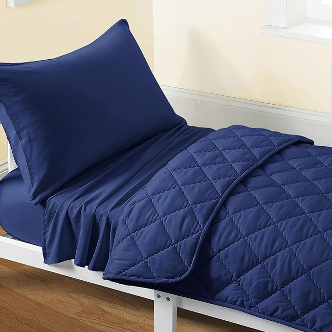 FLXXIE 4 Pieces Toddler Bedding Set, Soft and Breathable Microfiber Crib Sheet Set, Includes Quilted Comforter, Flat Top Sheet, Fitted Sheet, Envelope Pillow Case for Boys and Girls, Navy Blue