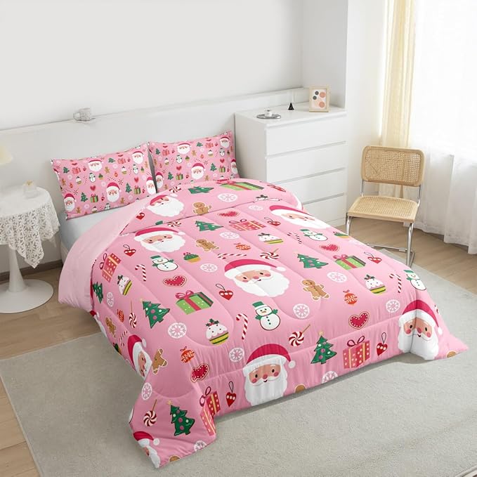 Feelyou Santa Claus Kids Comforter Set Queen Size Christmas Decor Bedding Set New Year Gift Duvet Quilt for Kids Boys Girls Bedroom Merry Christmas Decor Microfiber Ultra Soft Breathable