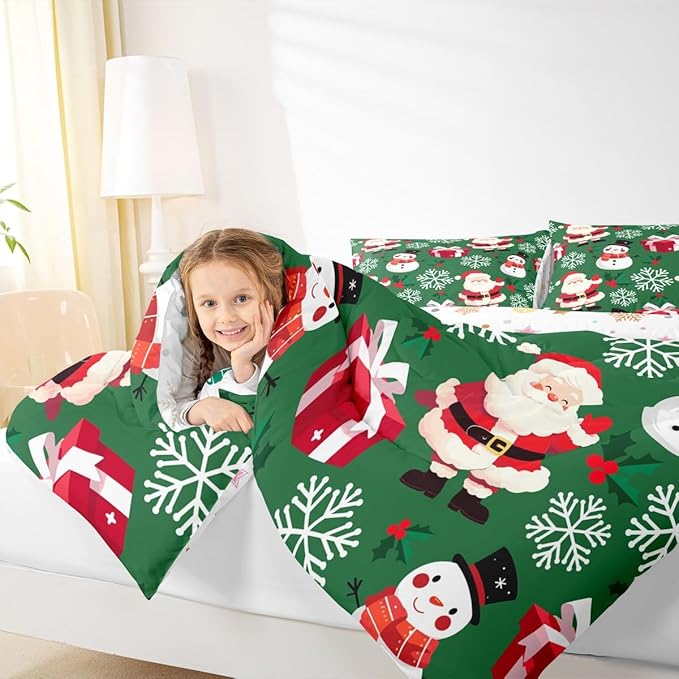 jejeloiu Merry Christmas Comforter Set Queen Size Xmas Santa Claus Bedding Set for Kids Boys Girls Cute Snowman Duvet Quilt Green Bedroom Decor