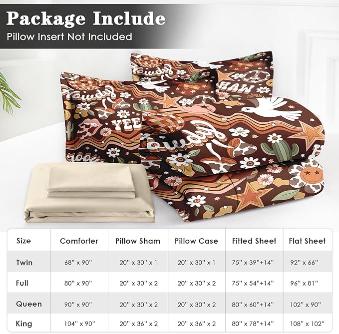 7 Pcs King Size Comforter Set with 2 Pillowcases & 2 Shams, Western Hippie Cowgirl Bedding for Kids and Adults, West Boho Cowboy Bed in a Bag with Flat Fitted Sheet