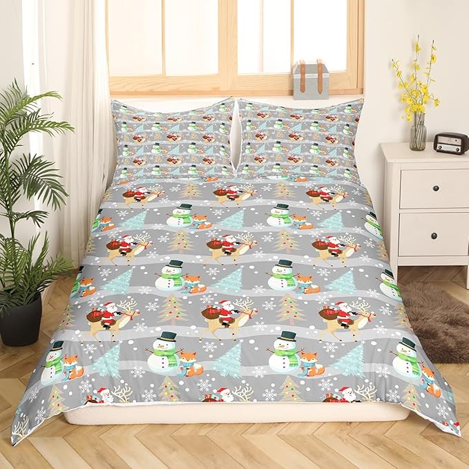 Christmas Duvet Cover Set Twin Size, Xmas Trees Snowman Santa Claus Comforter Cover with 1 Pillowcase, Winter Snowflake Grey Stripes Bedding Set for Kids Girls New Year Bedspread Cover,No Comforter