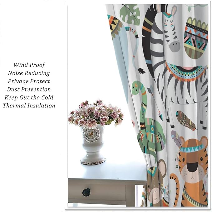 Jungle Tribal Animals Curtains, Southwest Aztec Cartoon Funny Zoo Animals Giraffe Lion Elephant Zebra Tiger Print Thermal Insulation Window Drapes for Kids Boys Girls Bedroom Living Room 52x84in