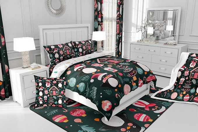 Feelyou Christmas Kids Comforter Set Full Size Xmas Tree Ball Bedding Set Penguin Duvet Quilt for Kids Boys Girls Bedroom Gingerbread Houses Decor Microfiber Ultra Soft Breathable
