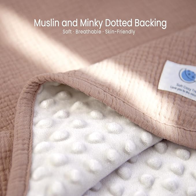 lulumoon Muslin Baby Blanket for Girls: Minky Dot Backing Thermal - Newborn Blanket for Baby Shower & Registry Gift 30"x40"(Sand)