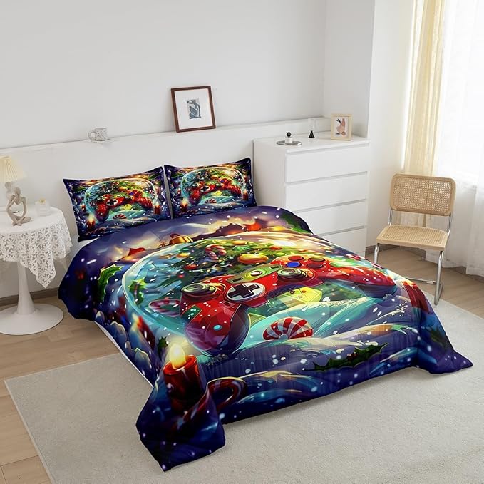 Video Games Kids Bedding Set Full Size,Christmas Tree Snowflake Comforter Set for Boys Girls Room Decor,Merry Christmas Gamer Duvet Insert 3Pcs,Xmas Red Gamepad Microfiber Quilt Set,2 Pillowcases